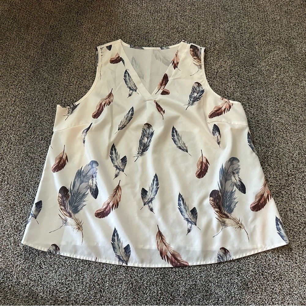 EMORY ROSE 1XL Ivory Brown Blue Feather Feathers Print Blouse - Picture 6 of 8